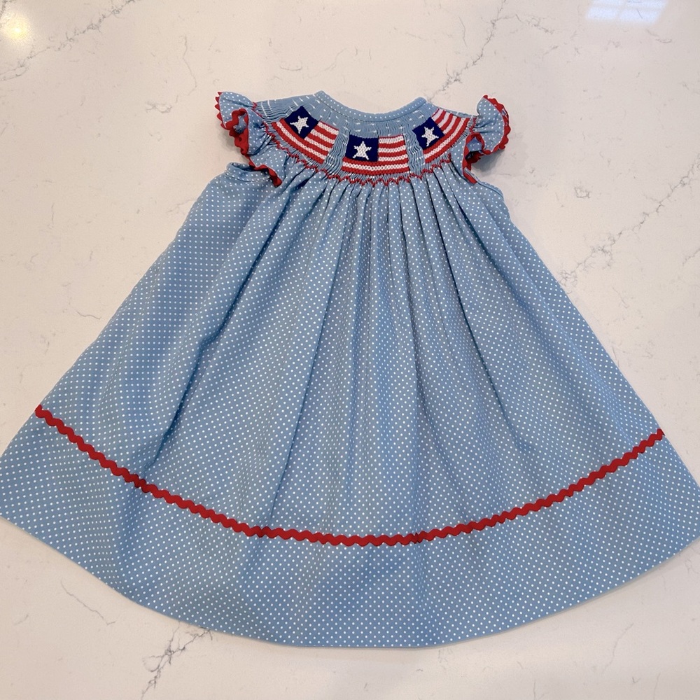 Classic Whimsy Patriotic Flag Smocked Angel Sleeve Dress